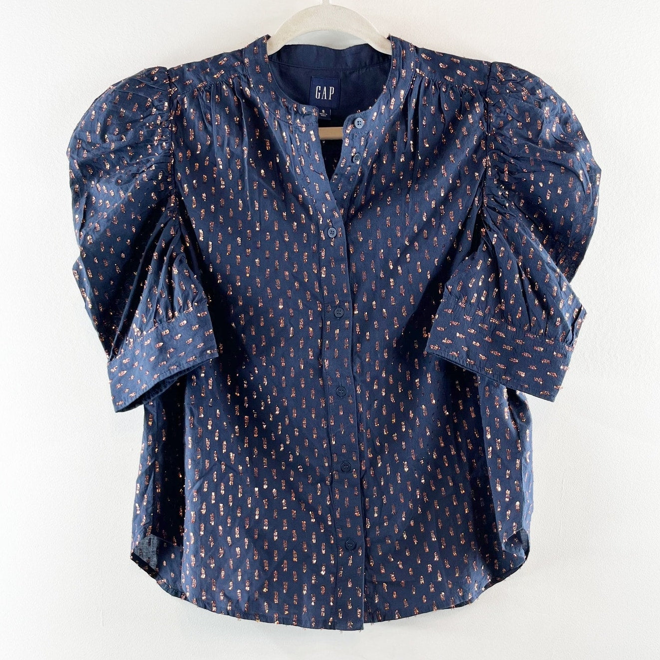 Gap Cotton Blend Puff Sleeve Button Front Blouse Shirt Navy Blue Clip Dot Small