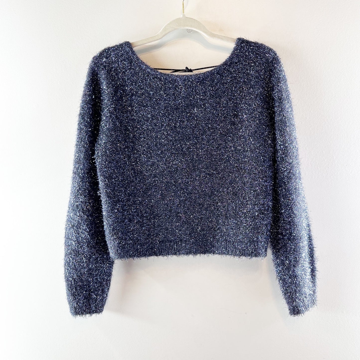 Anthropologie Long Sleeve Scoop Back Eyelash Sweater Navy Blue Small
