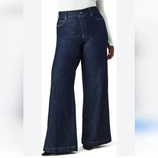 Spanx High Rise Pull On Wide Leg Jeans in Raw Indigo Blue Large