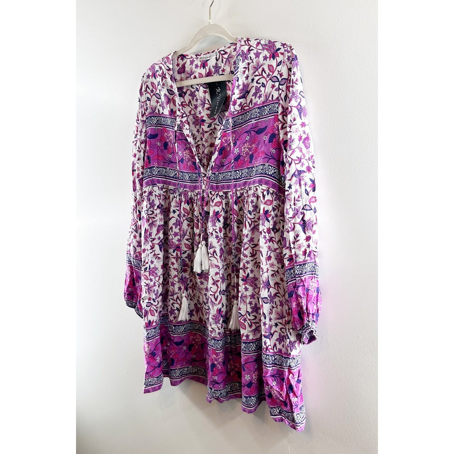 R. Vivimos Cotton Floral Print Long Sleeve Tassel Tie Mini Dress Purple Large