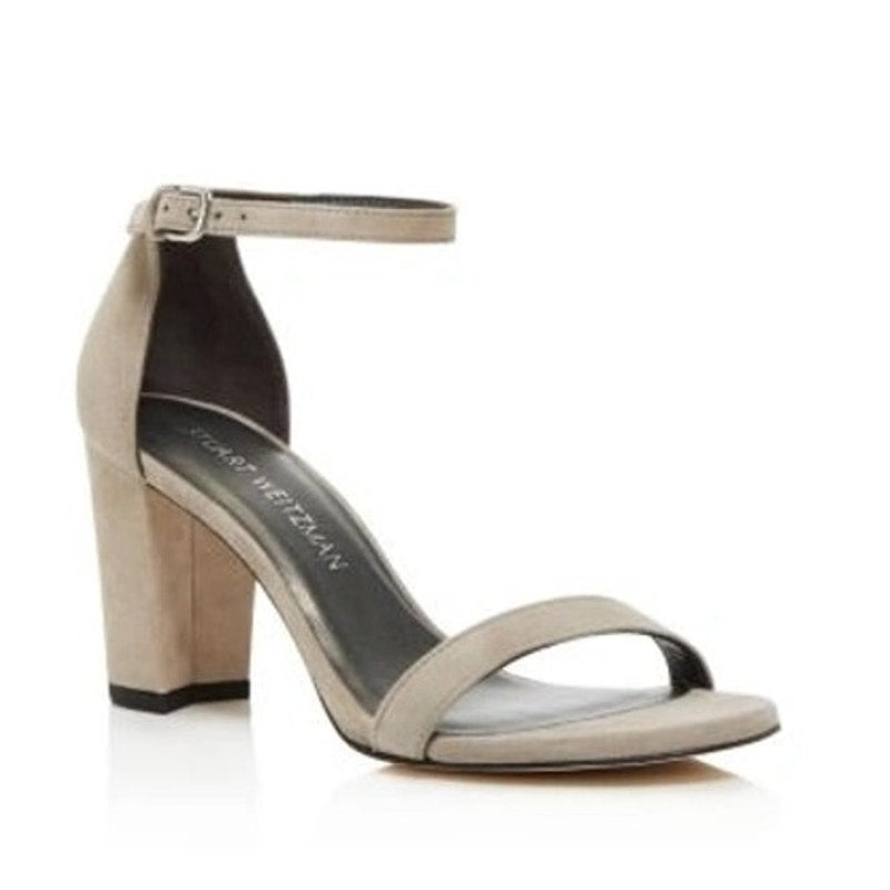 Stuart Weitzman Nearly Nude Block Heel Ankle Strap Sandal Suede Gray 7.5