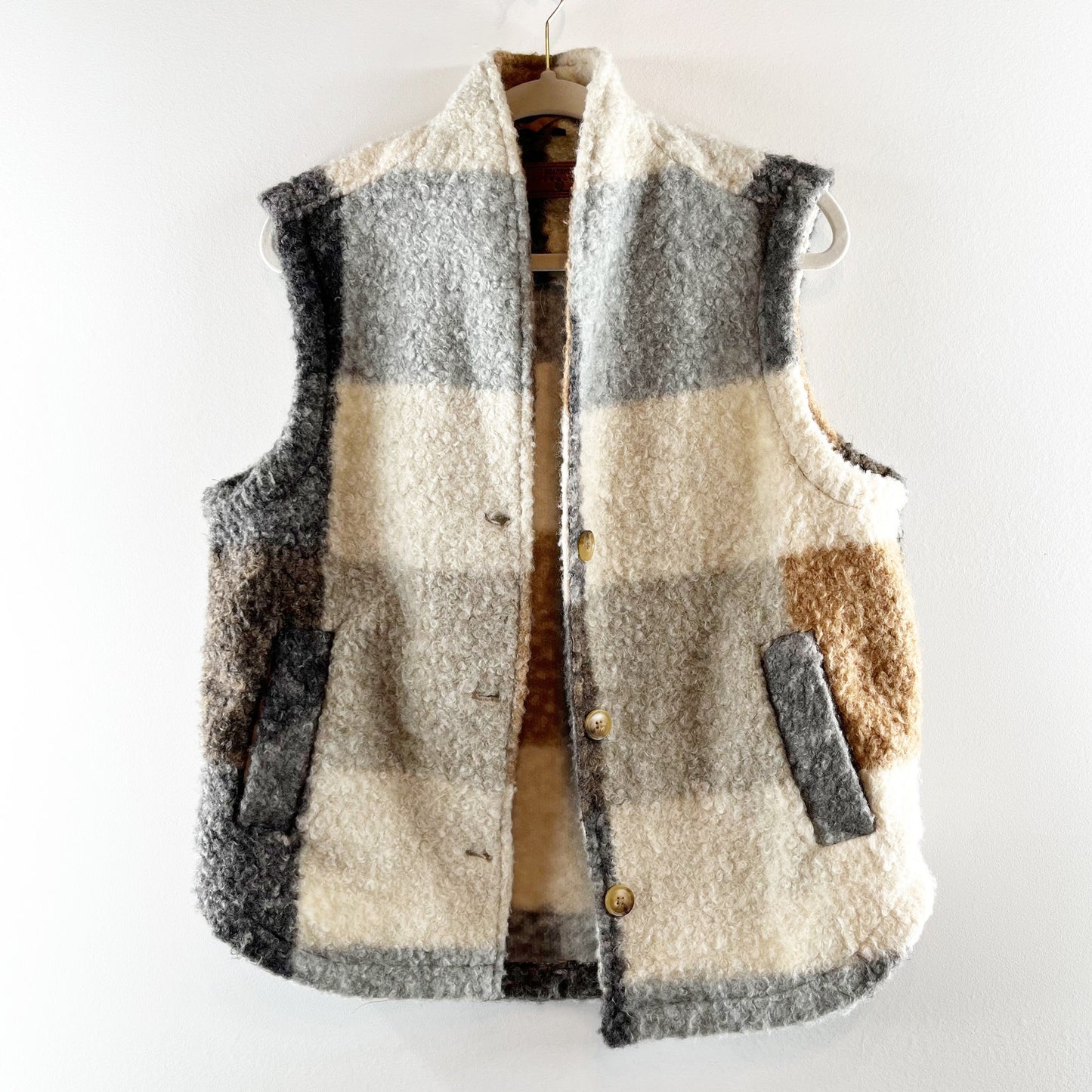 Blank NYC Good Time Faux Fur Plaid Button Up Vest Cream Gray Brown XS