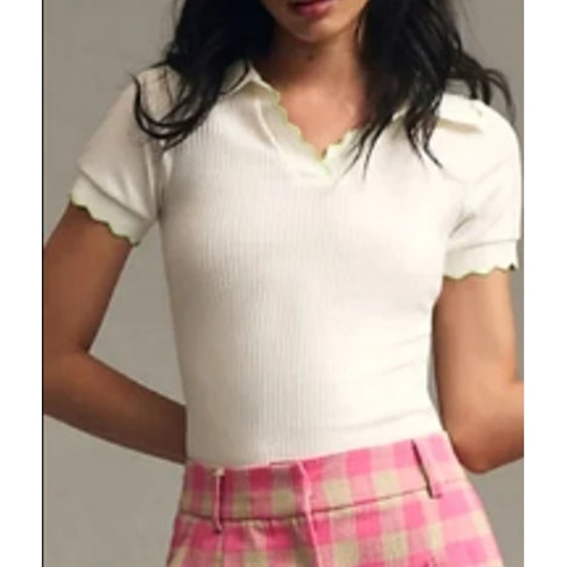 Maeve by Anthropologie Scalloped Short Sleeve Collared Polo Tee White Green XL