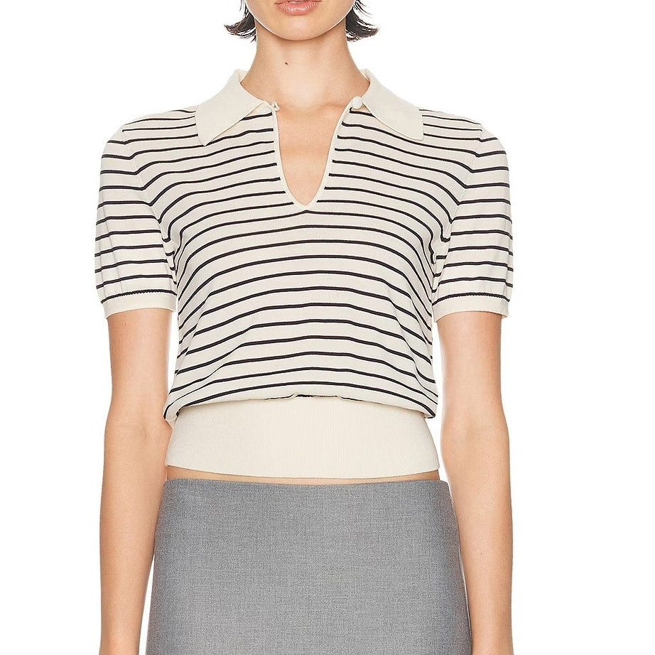 FRAME The Keyhole Polo Striped Short Sleeve Knit Top in Cream Multi Small