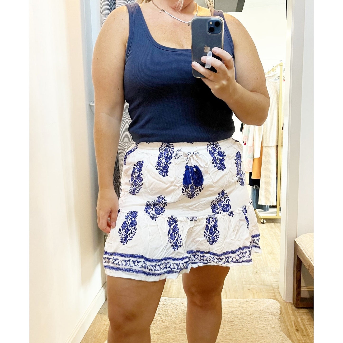 Devi Floral Print Pull On Drawstring Waist Mini Skirt White Blue Large