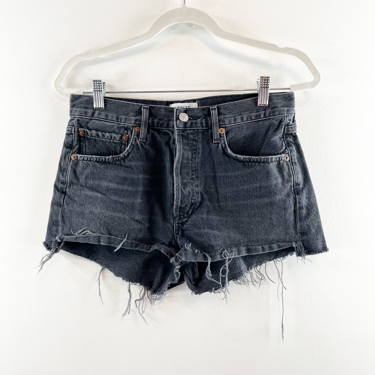 Agolde Parker High Waisted Frayed Hem Vintage Cut Off Short Crash Black 26