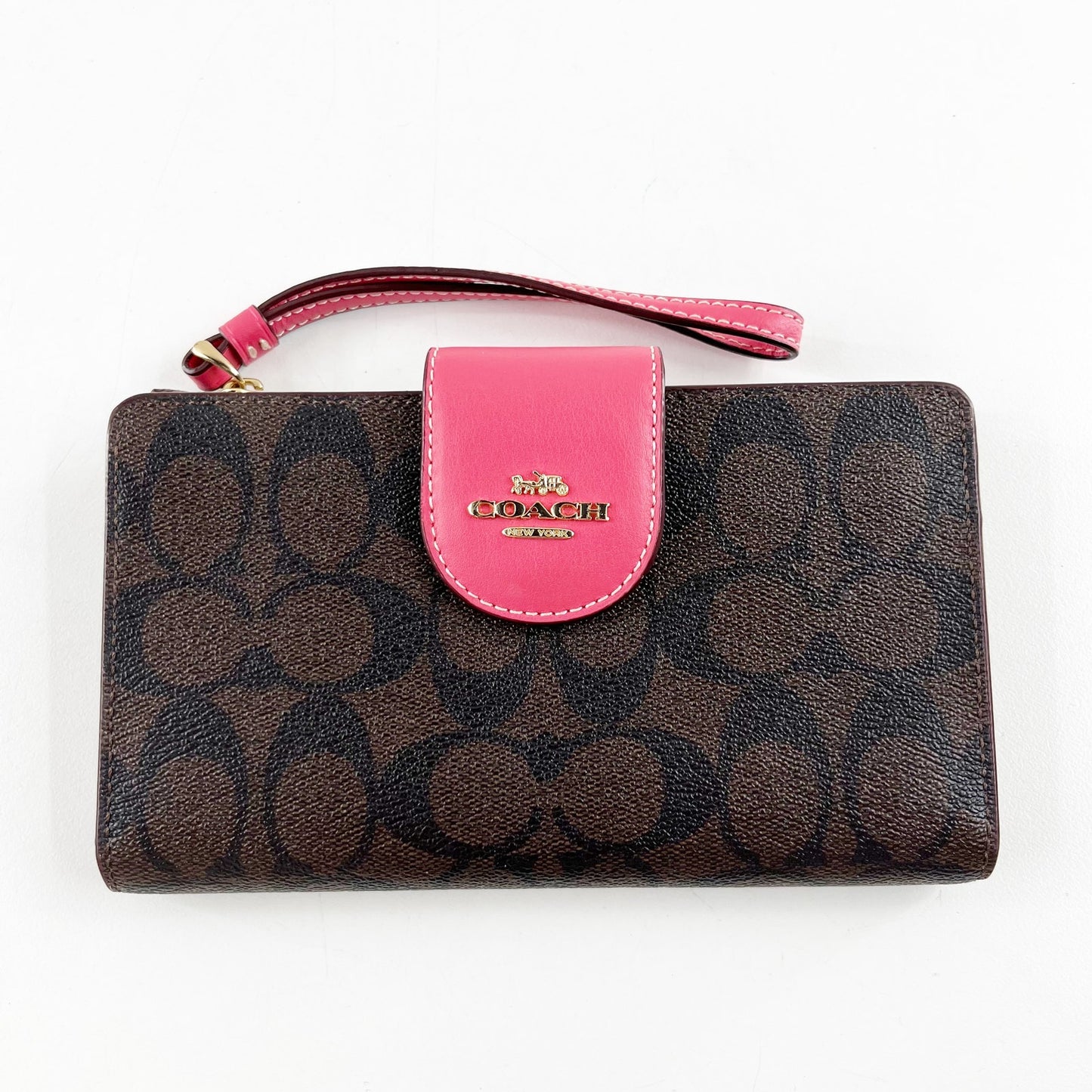 Coach Signature C Logo Canvas Tech Wallet Wristlet Brown Pink