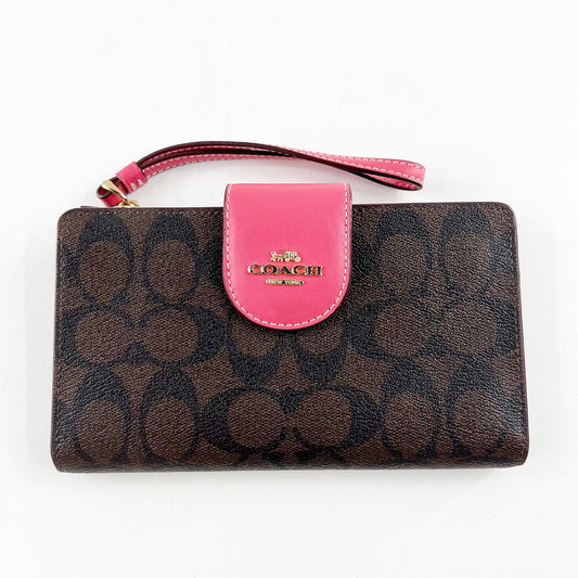 Coach Signature C Logo Canvas Tech Wallet Wristlet Brown Pink