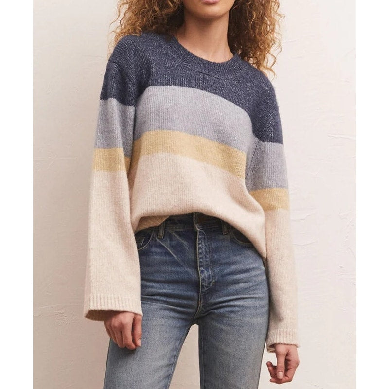 Z Supply Sawyer Striped Crewneck Pullover Sweater Blue Cream Medium