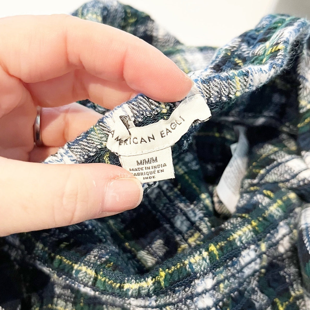 American Eagle Green Plaid Smocked Puff Sleeve Top Medium