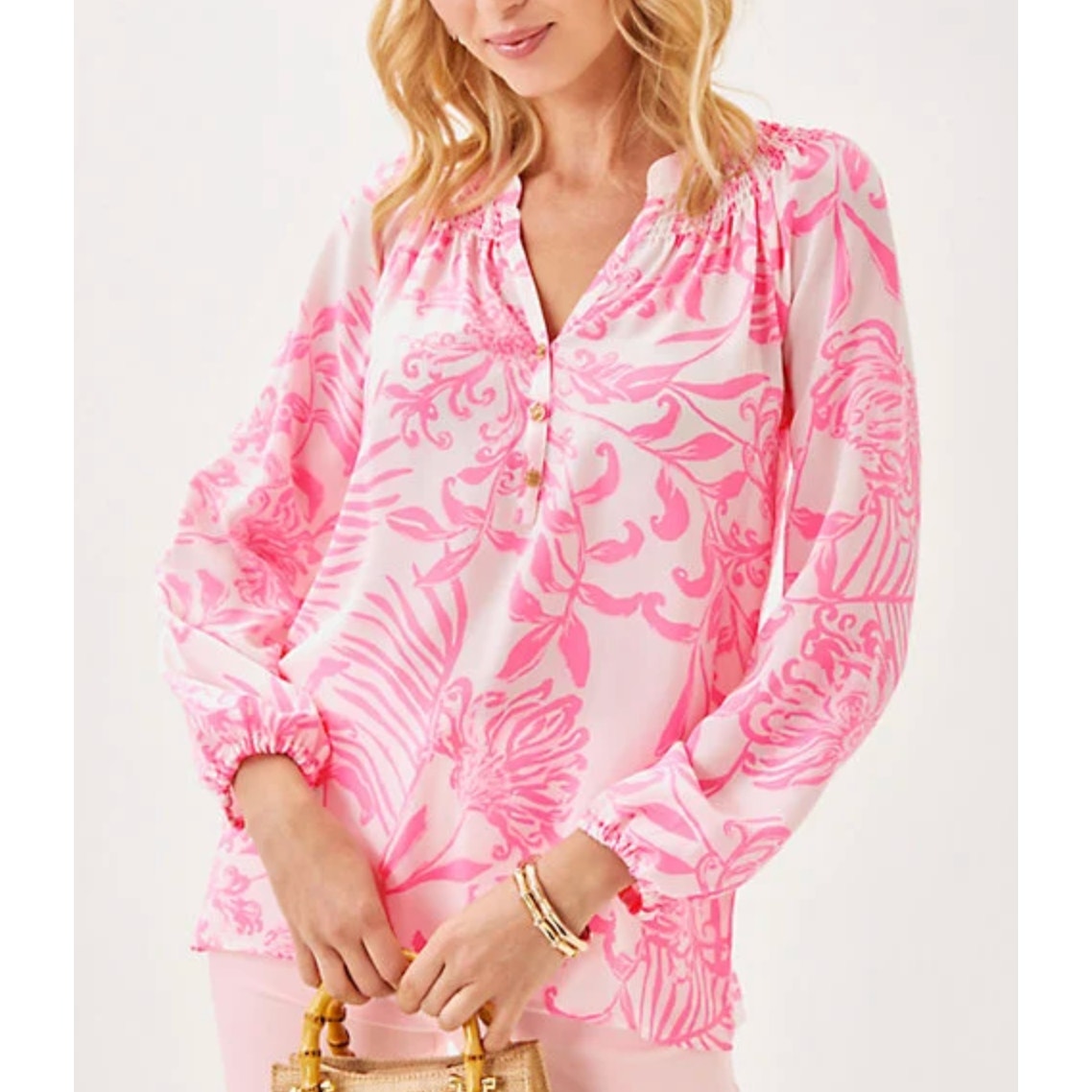 Lilly Pulitzer Elsa Silk Long Sleeve Tropical Print Blouse Top Pink White Small
