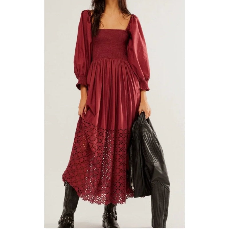 Free People Perfect Storm Long Sleeve Smocked Eyelet Midi Dress Maroon Medium