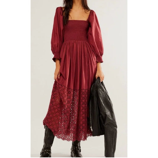 Free People Perfect Storm Long Sleeve Smocked Eyelet Midi Dress Maroon Medium