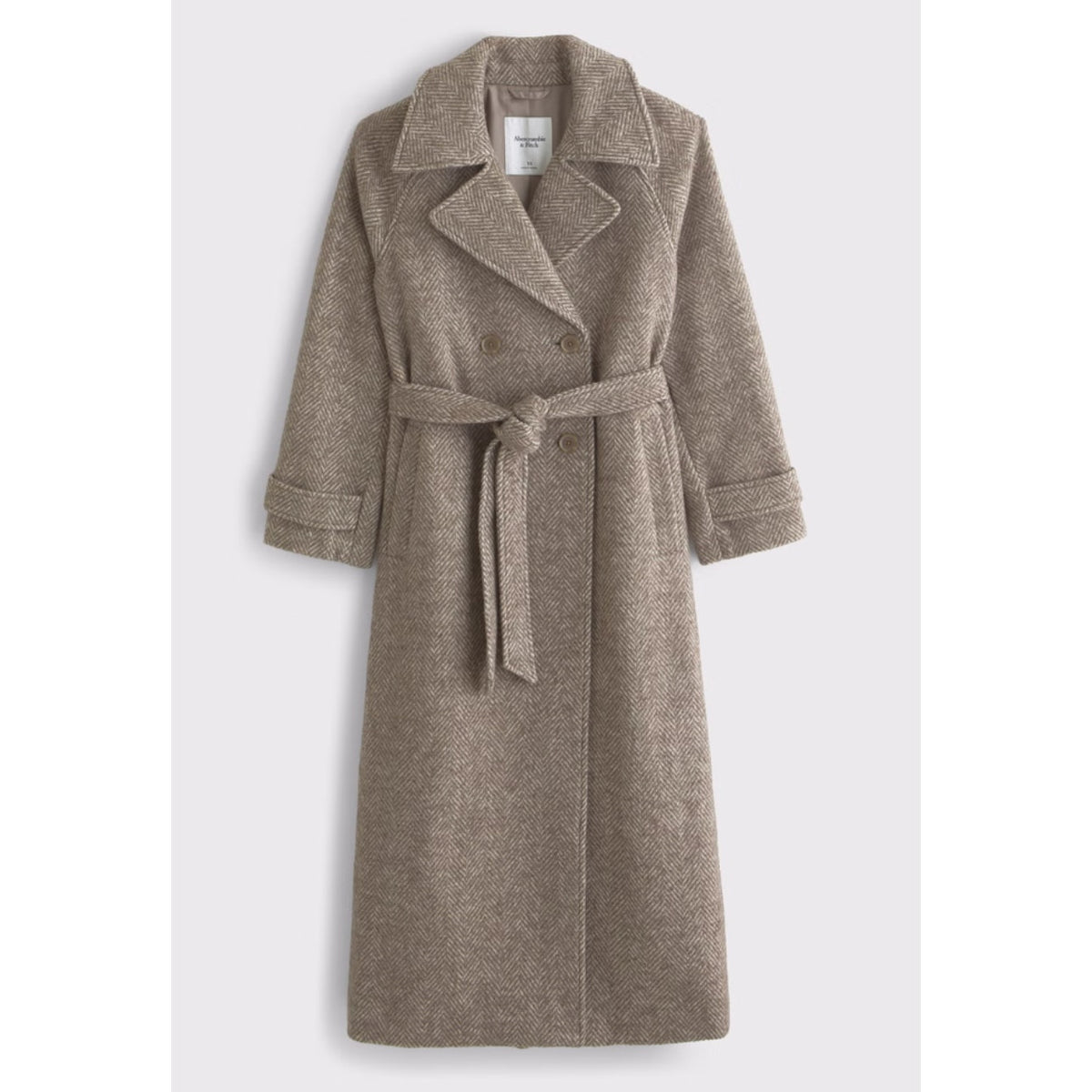 Abercrombie Carrie Wool Blend Belted Trench Coat Brown Herringbone Small