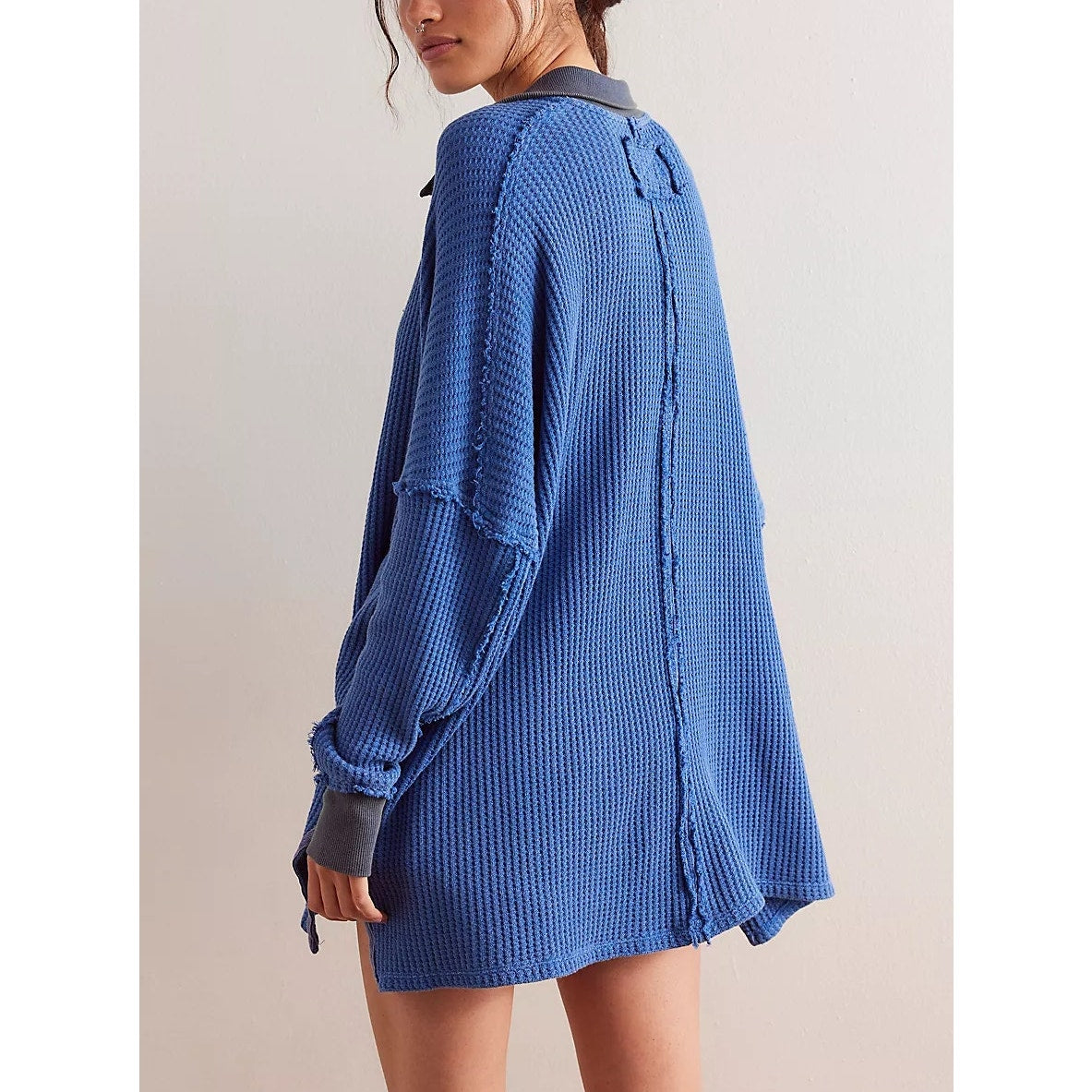 Free People Travis Dropped Shoulder Collared V-Neck Polo Top Dutch Blue Medium
