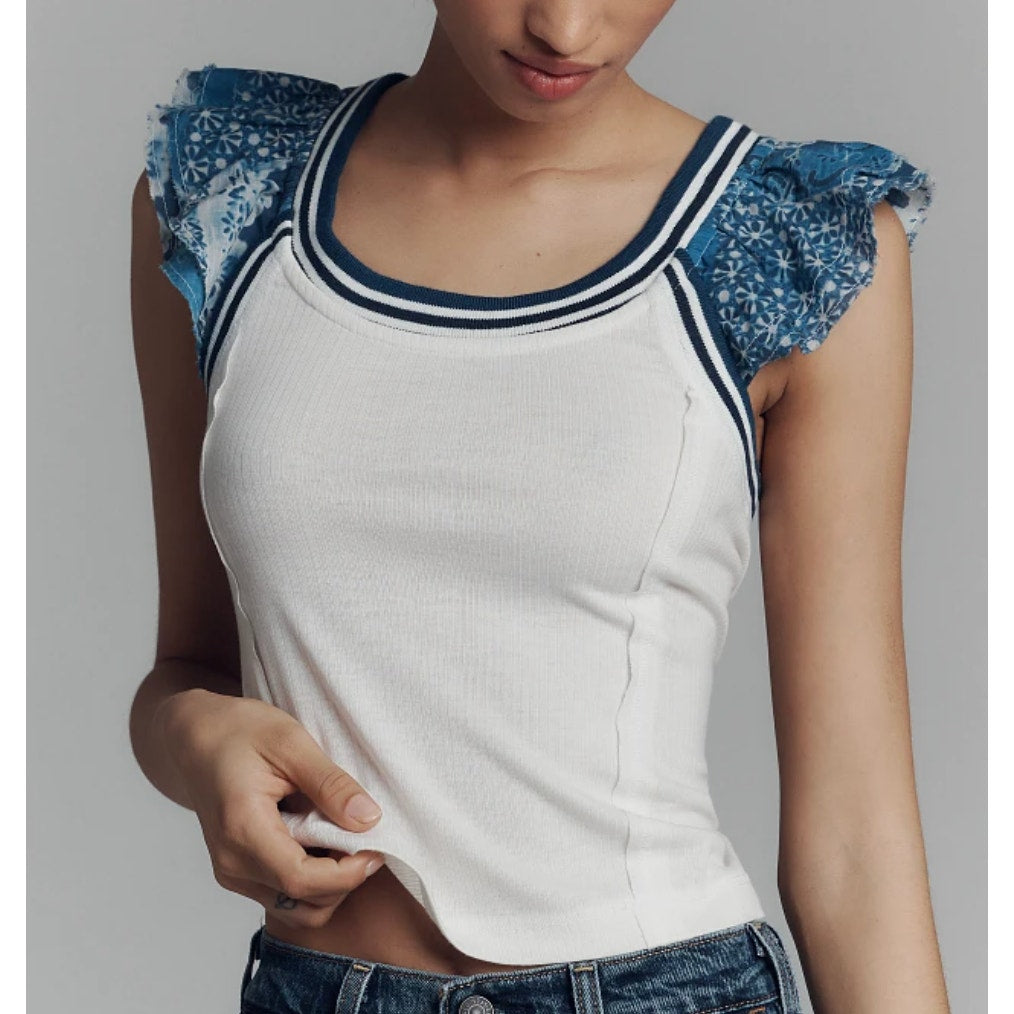 Anthropologie Pilcro Ruffle Shoulder Ribbed Scoopneck Tank Top White Blue Small