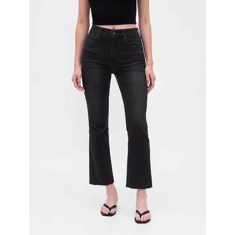 GAP High Rise Kick Fit Raw Hem Flare Cropped Jeans Black 12