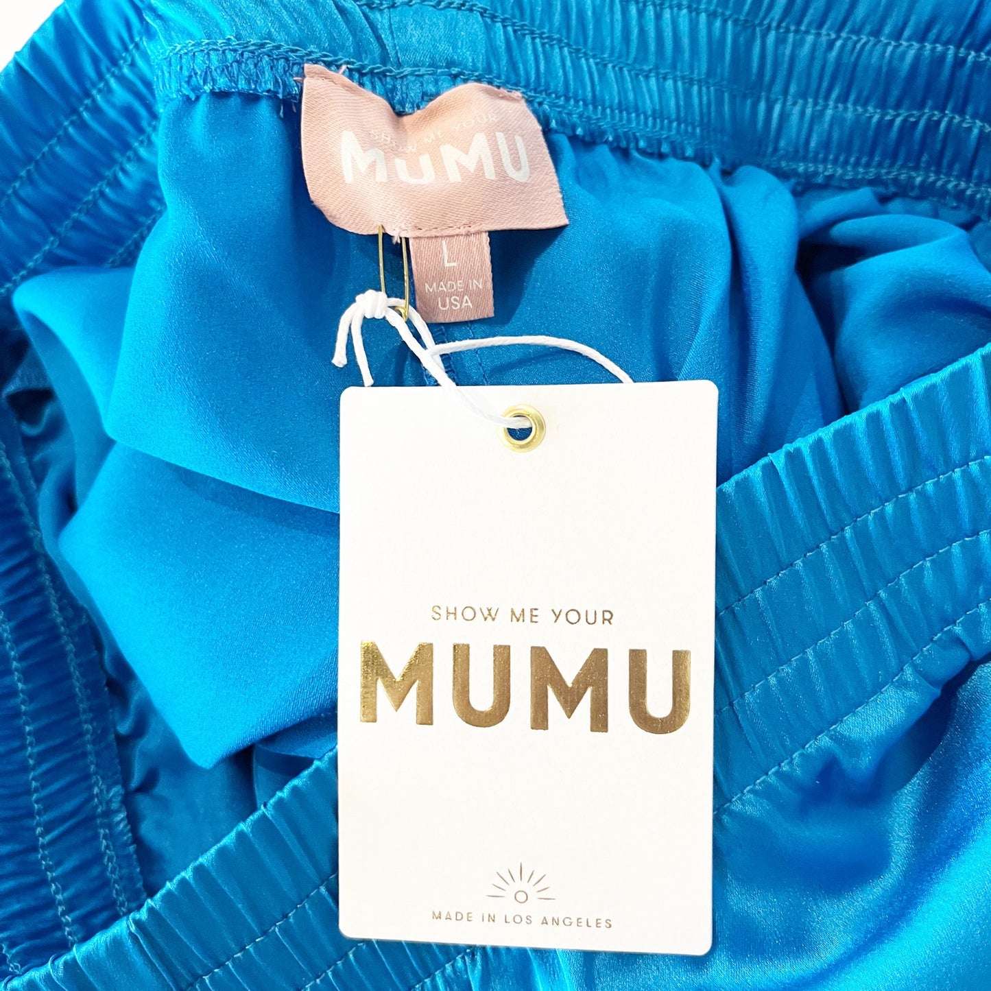 Show Me Your Mumu High Rise Wide Leg Satin Irwin Pants Blue Large