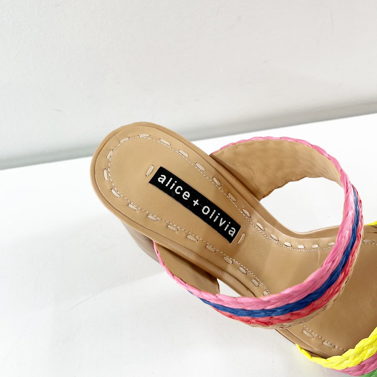 Alice + Olivia Leeda Raffia Rainbow Slip On Block Heel Sandals Rainbow 8