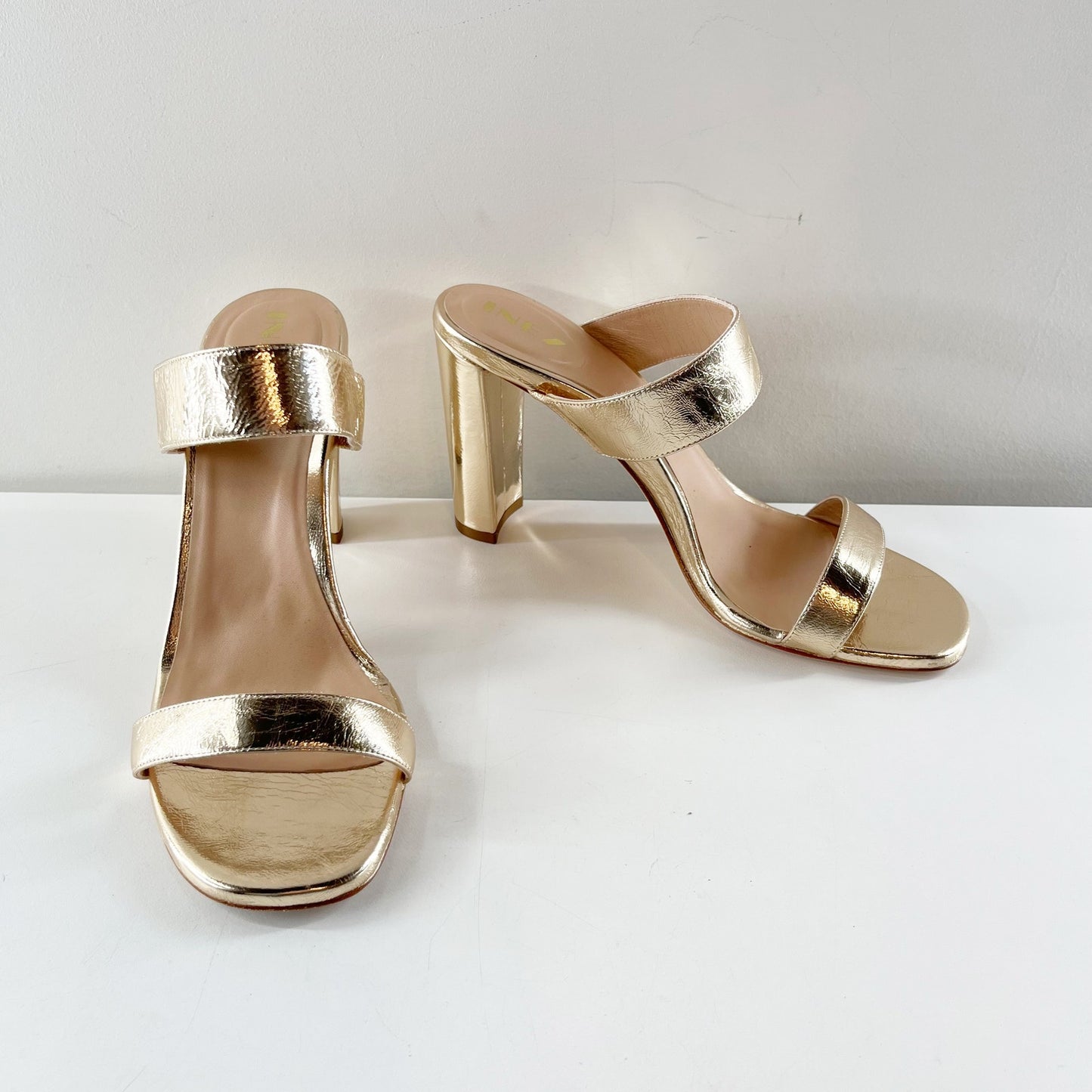 Inez Sara Metallic Leather Slip On Double-Strap Block Heel Sandals Gold 9