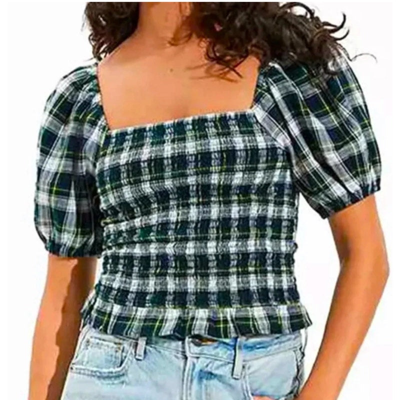 American Eagle Green Plaid Smocked Puff Sleeve Top Medium