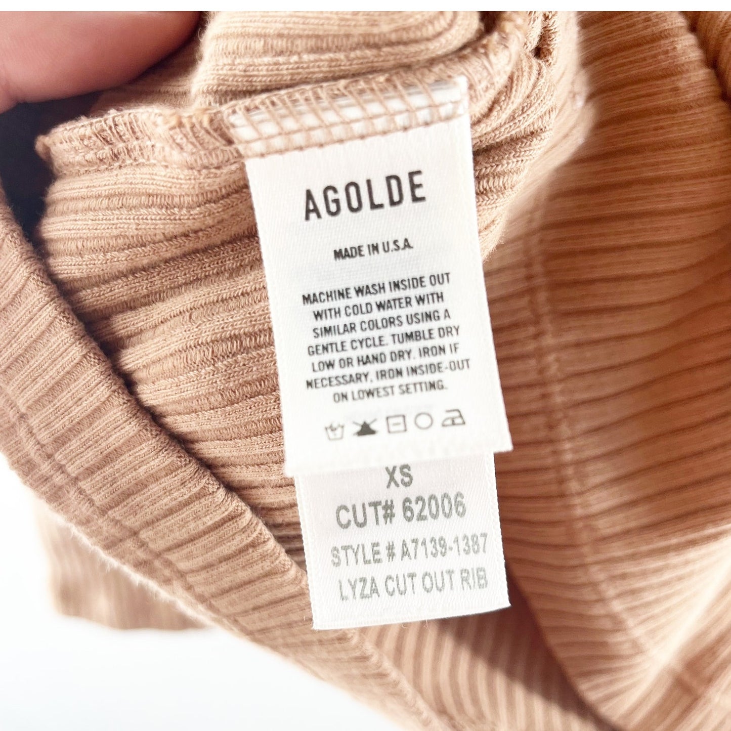 AGOLDE Lyza Cutout Ribbed Long Sleeve Top Tan Beige XS