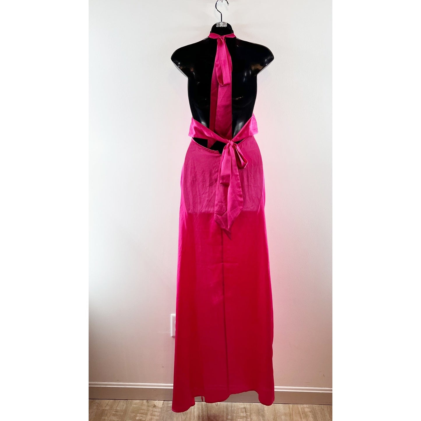 Lucy In The Sky Plunge Tie Back Ruffle Slit Satin Maxi Dress Gown Pink XXS