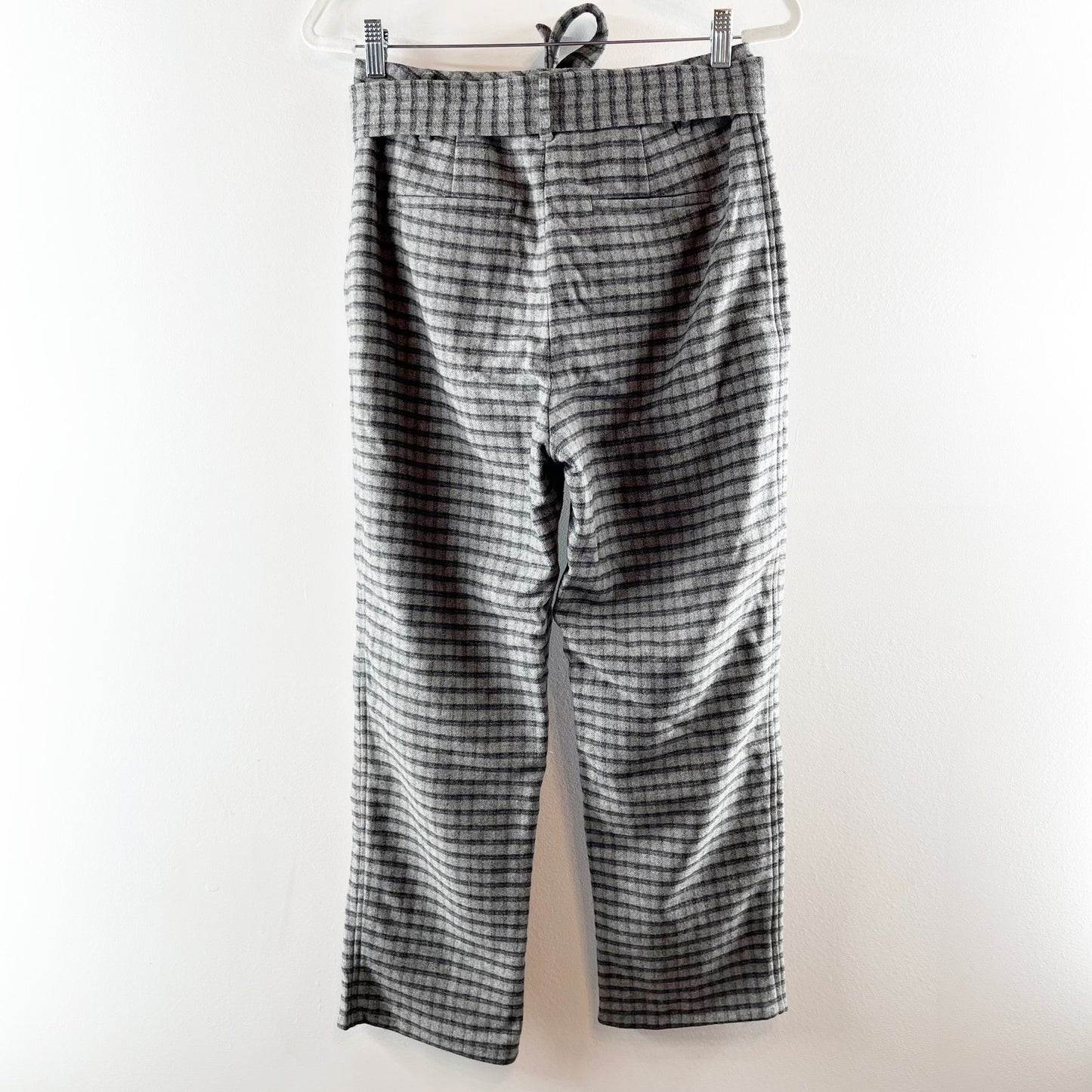 Aritzia Wilfred Wool High Rise Belted Tie Waist Plaid Check Pants Gray 6