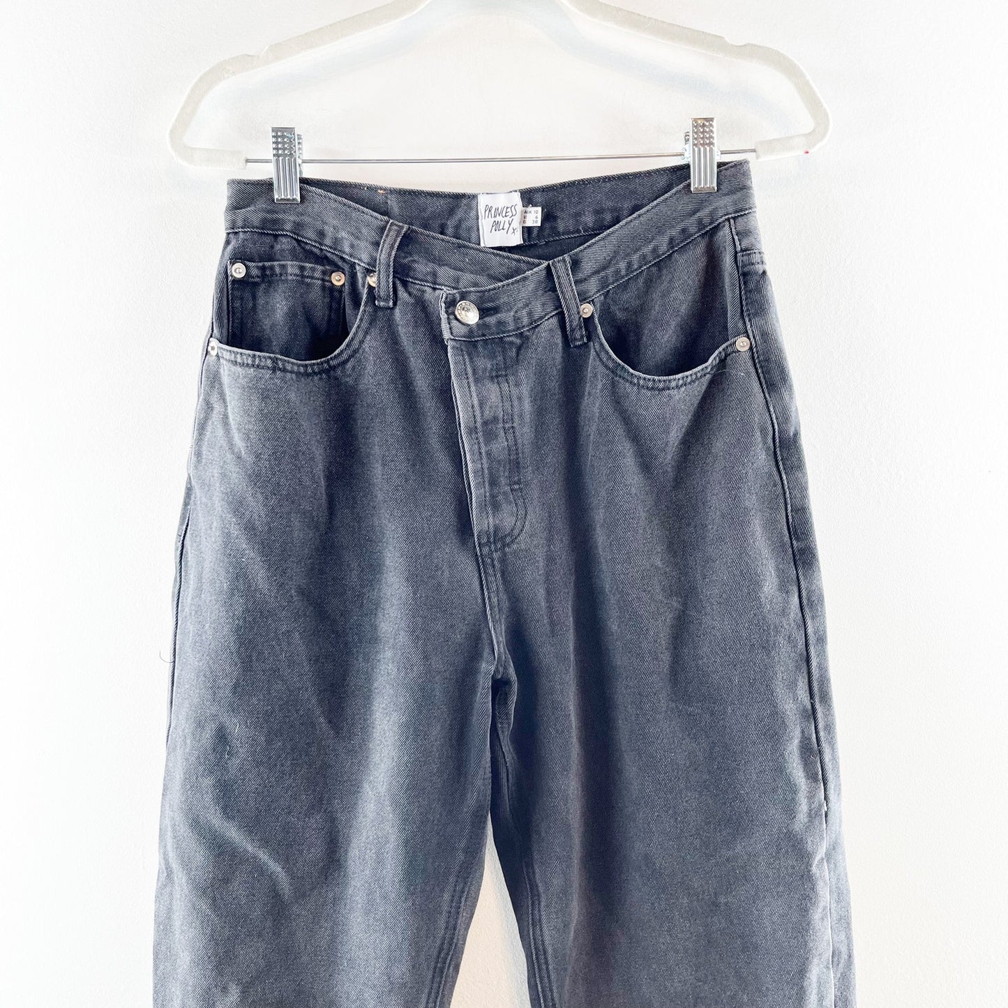 Princess Polly High Rise Crossover Waist Button Fly Straight Leg Jeans Black 6