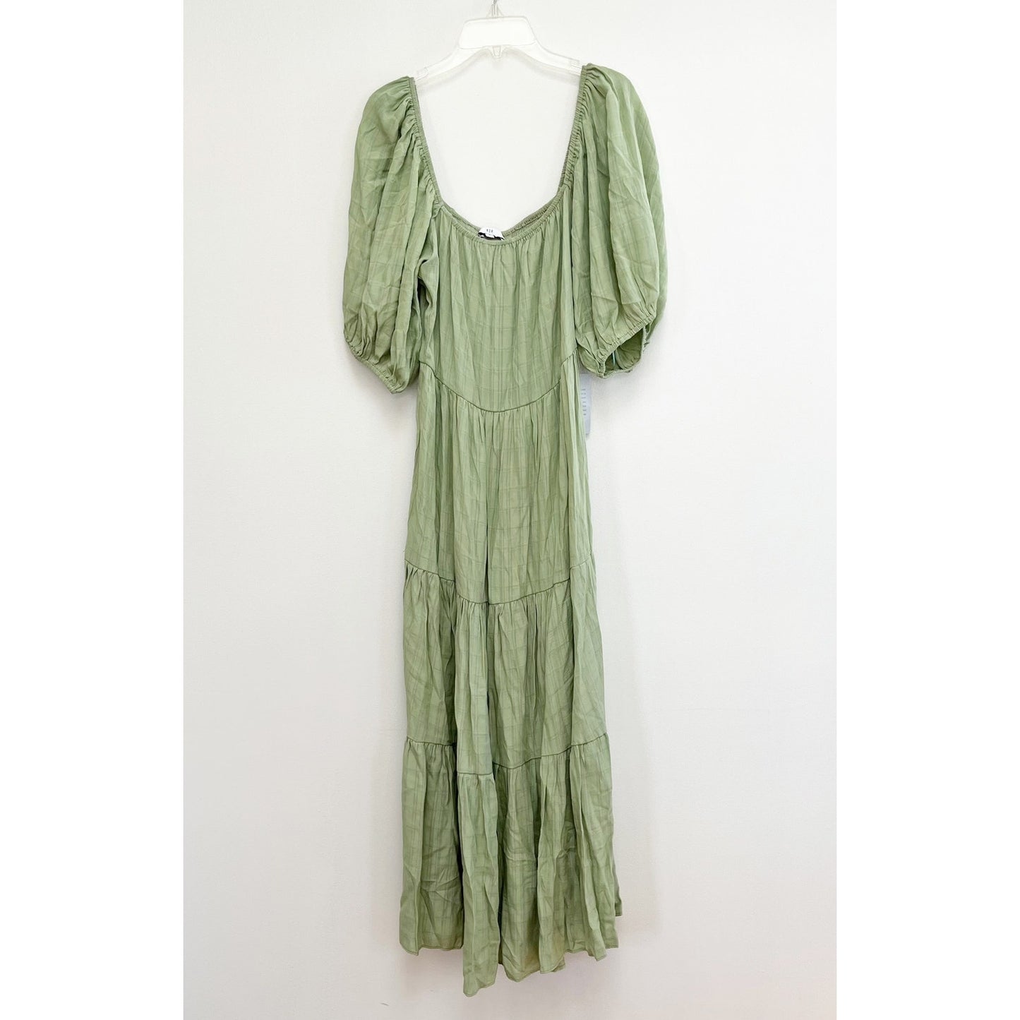 NSR Square Neck Short Puff Sleeve Tiered Smocked Midi Dress Sage Green Medium