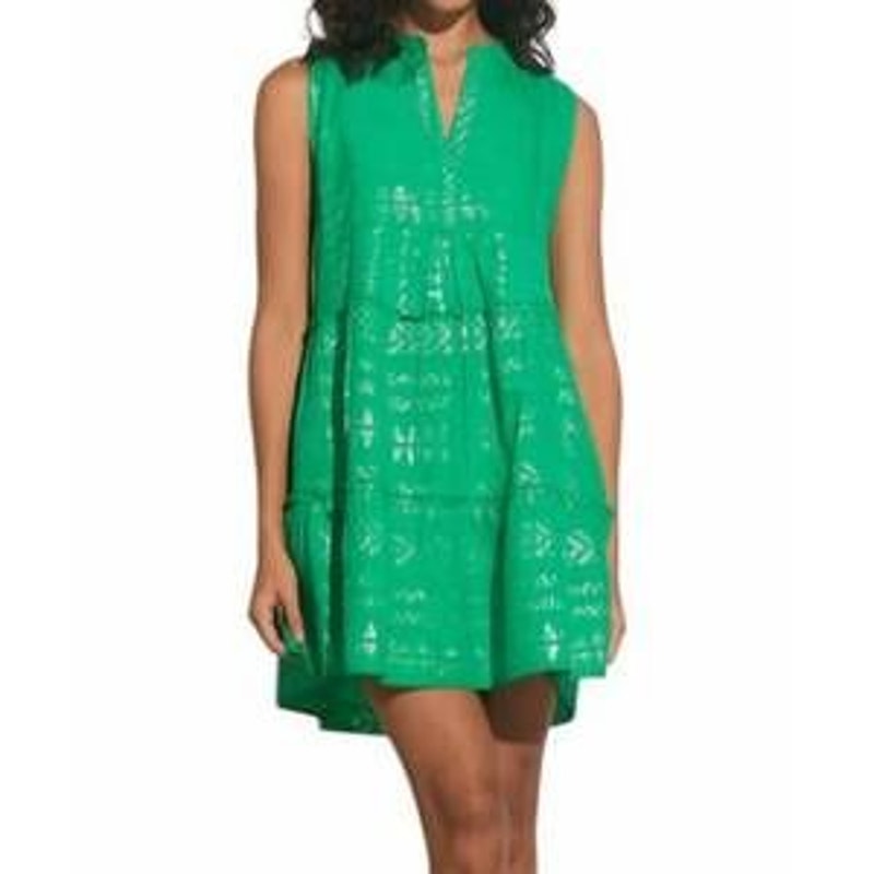 Elan Sleeveless V Neck Metallic Tiered Babydoll Mini Dress Green Small