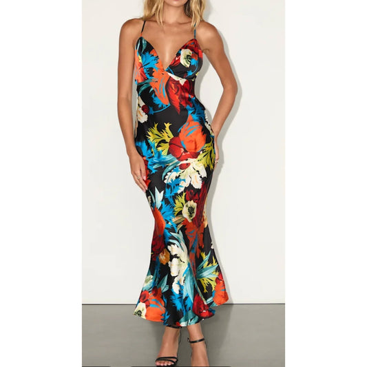 Lulus Sahalia Floral Satin Backless Midi Slip Dress Black Medium