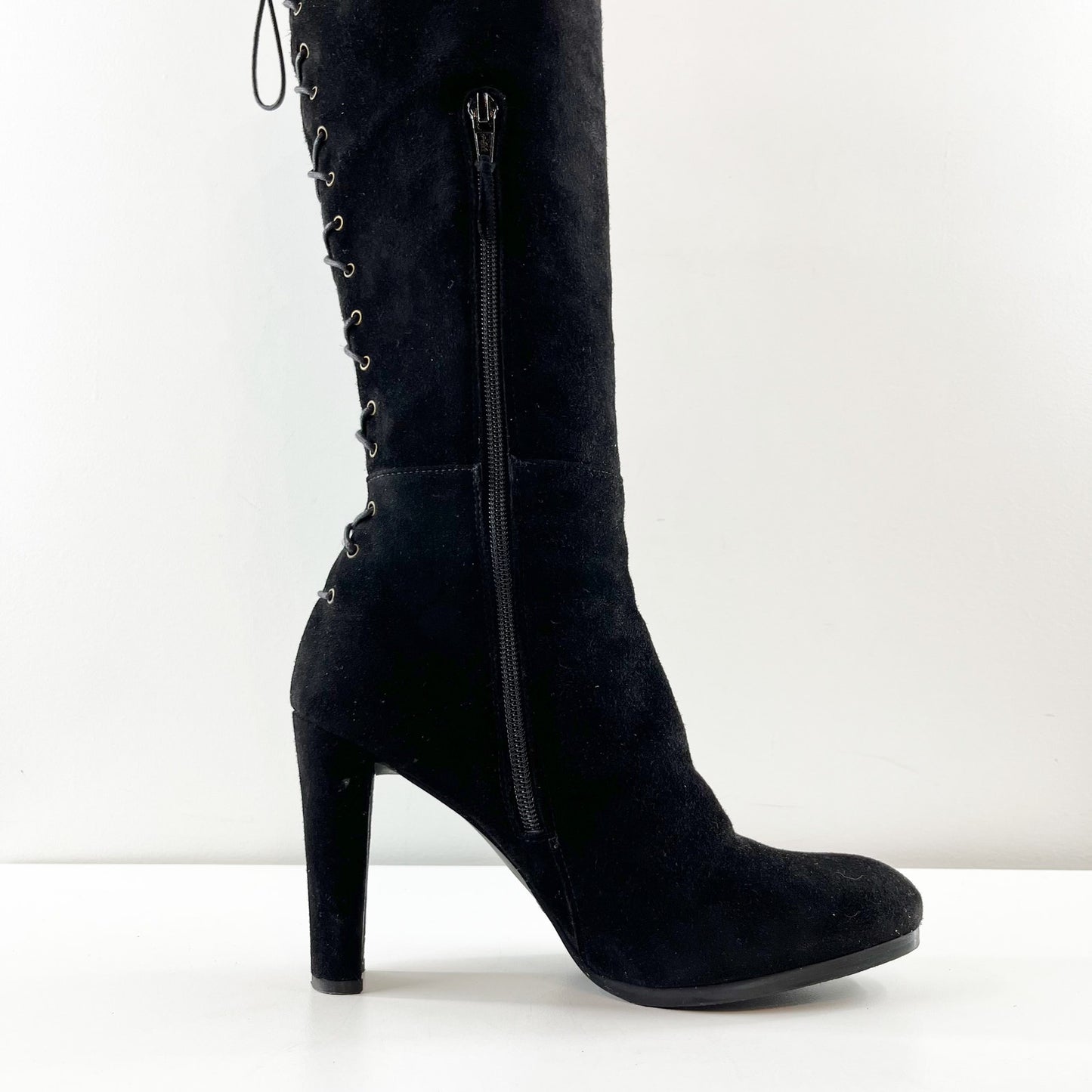 Stuart Weitzman Ariana Heel Over The Knee Lace Up Suede Boots Black 8