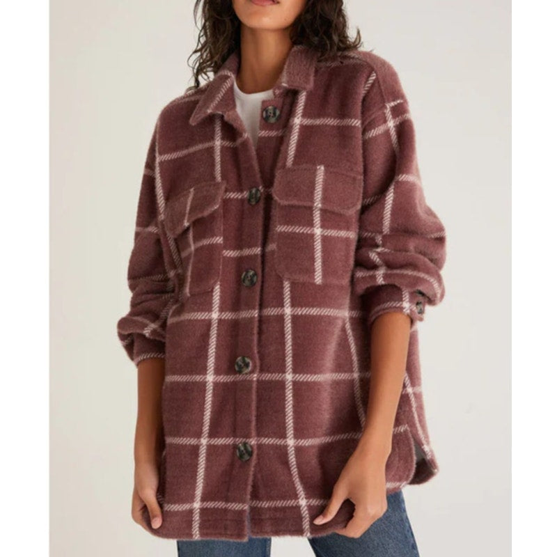 Z Supply Windowpane Plaid Long Sleeve Button-Front Flannel Anna Jacket Maroon XS