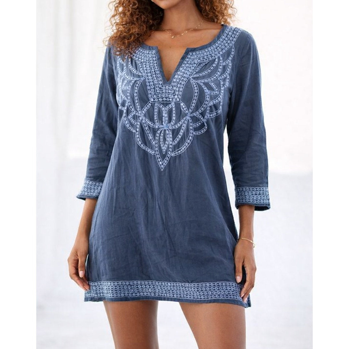 Gretchen Scott Designs Long Sleeve Embroidered Mini Tunic Dress Blue XL