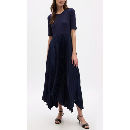 GAP Satin Pleated Short Sleeve Midi Dress Navy Blue