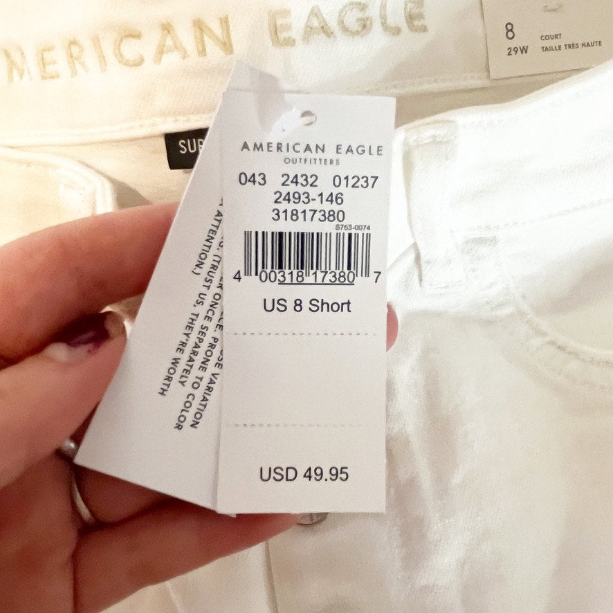 American Eagle Super Hi Rise Crop Flare Chewed Hem Jeans White 29 Short