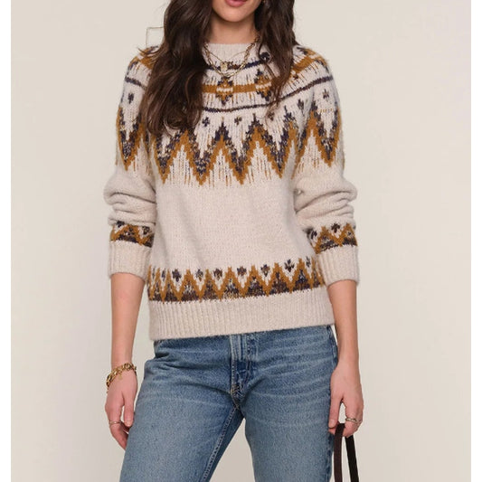 Heartloom Rae Fair Isle Crewneck Long Sleeve Pullover Sweater Cream Brown Large