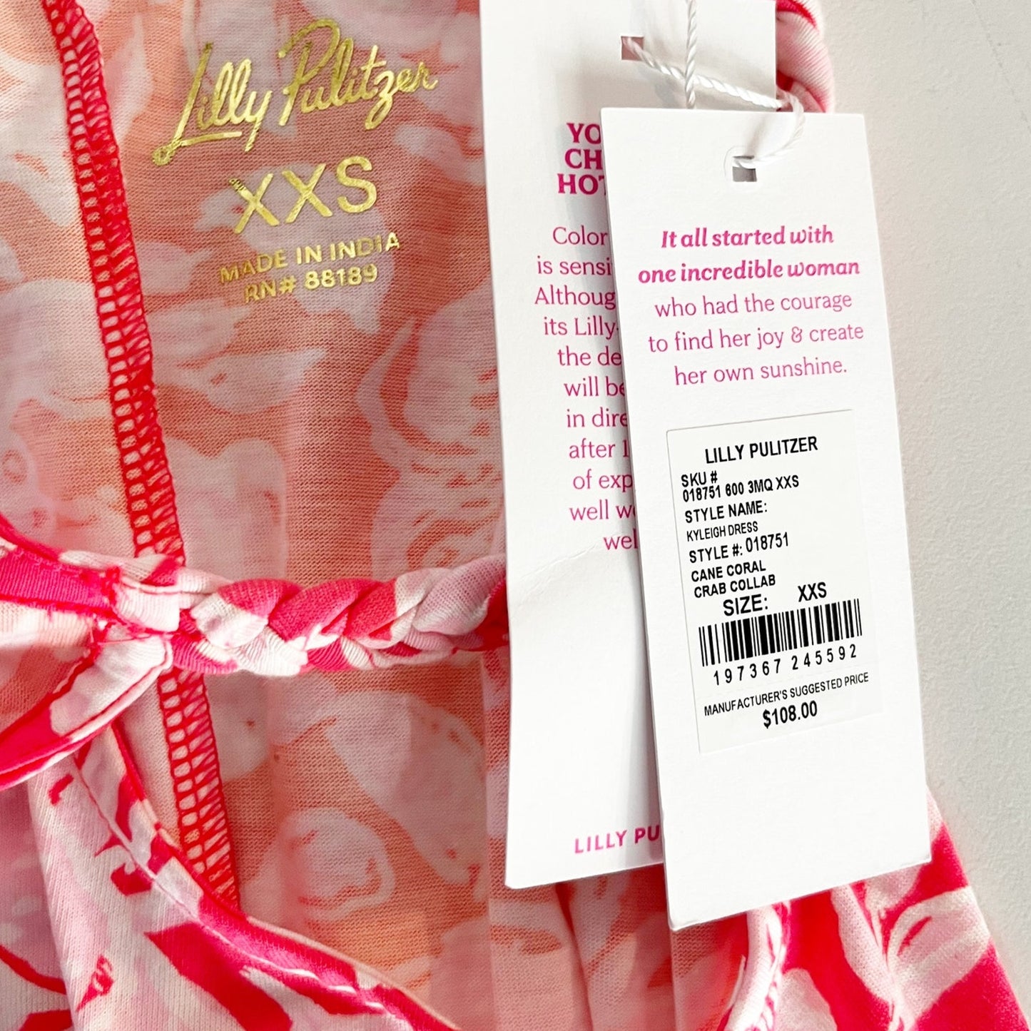 Lilly Pulitzer Kyleigh Square Neck Mini Sundress Dress Cane Coral Crab Pink XXS