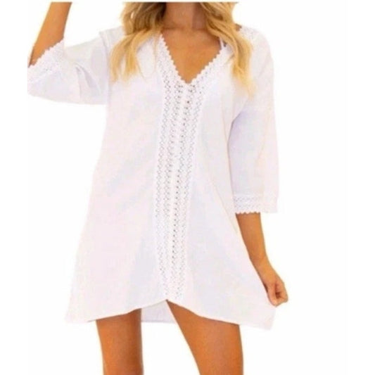 Sea Spice 100% Peruvian Cotton Crochet Lace Cover Up Resort Dress White Medium