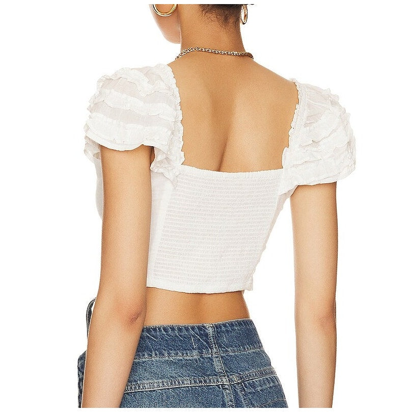 Free People Thank You Very Sweetly Cap Sleeve Smocked Cropped Top White XL