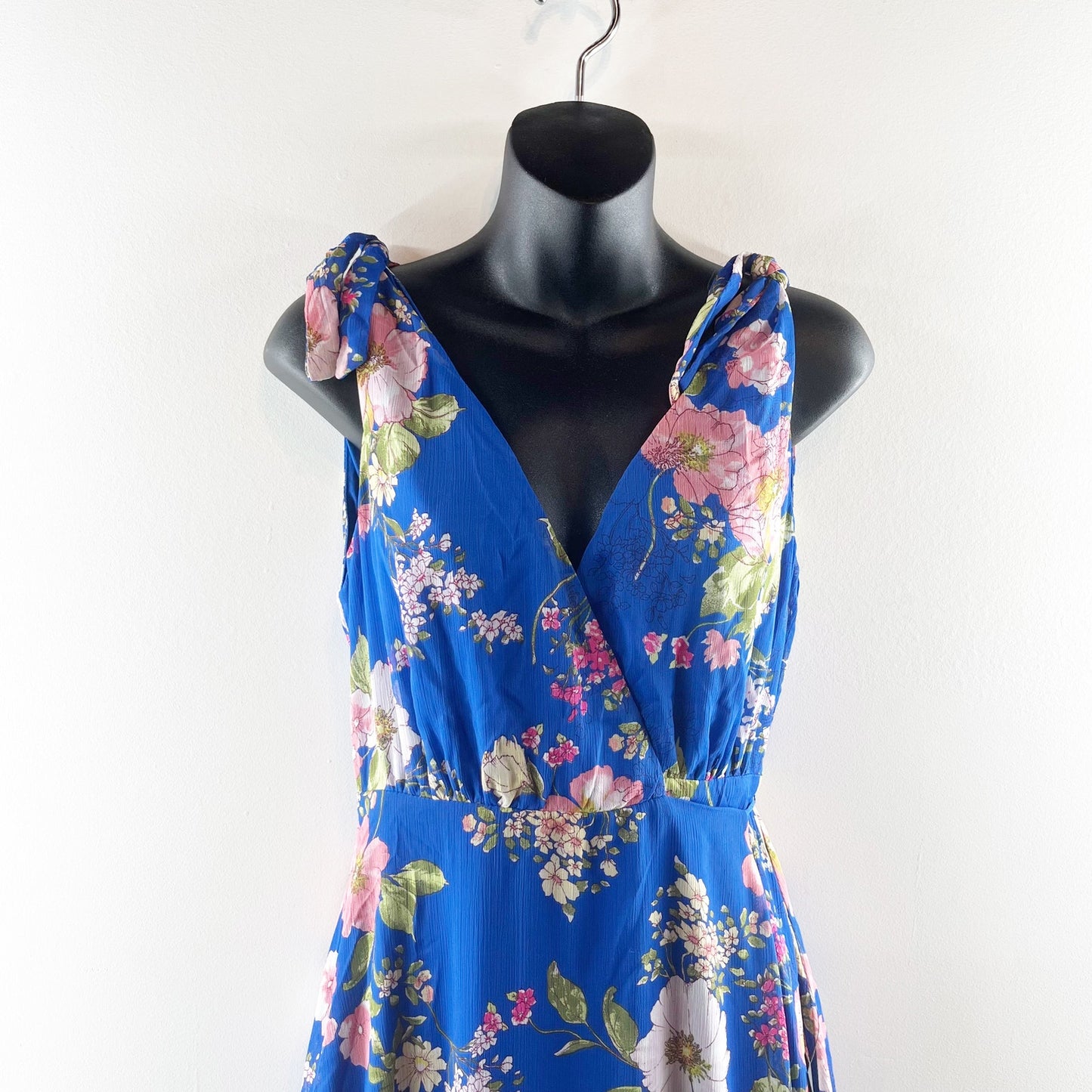 Lulus Sensational Season Floral Print Tie-Strap Wrap Midi Dress Blue Medium