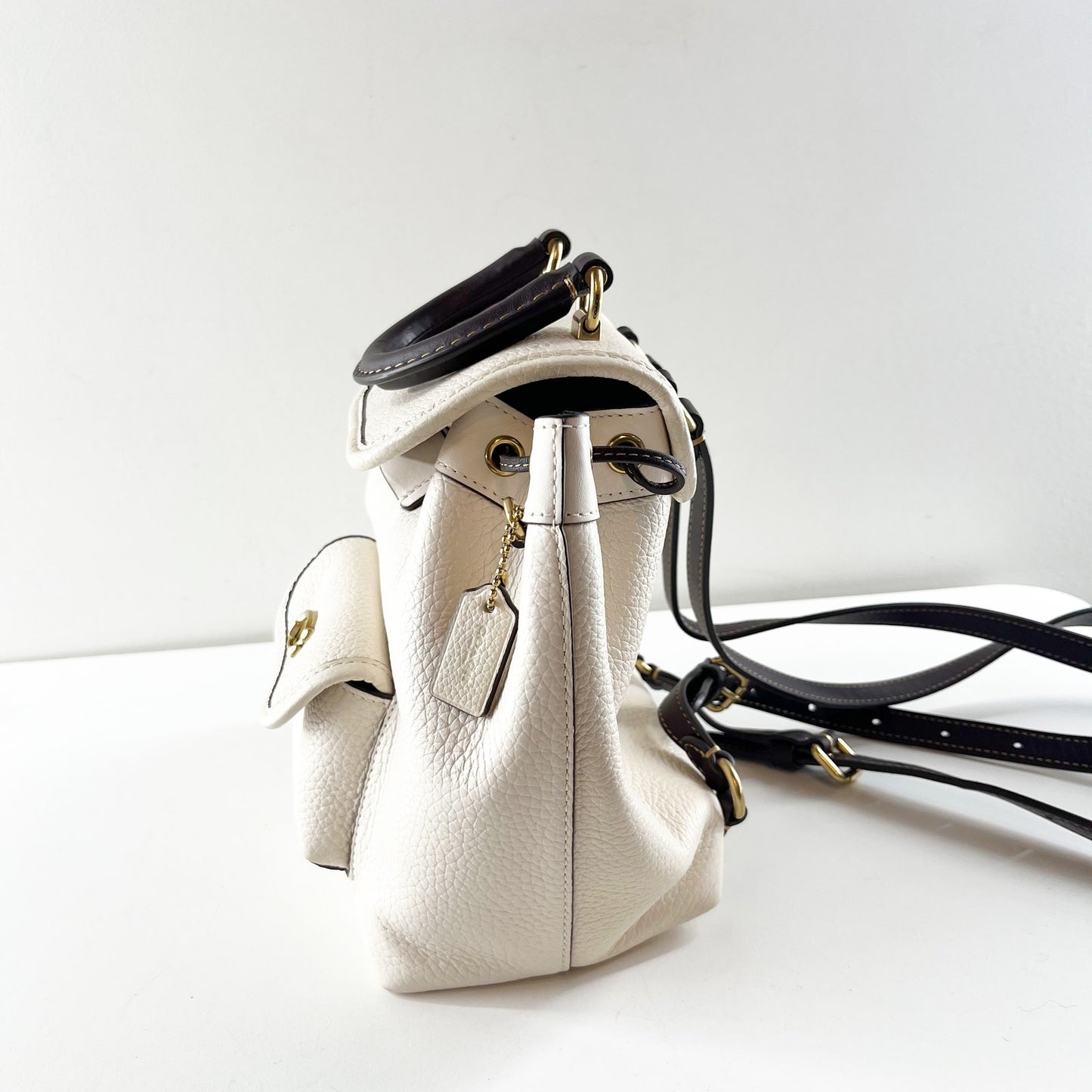 Coach Riya 21 Pebble Leather Backpack with Leather Top Handle Cream White