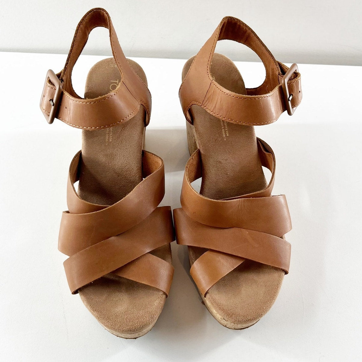 TOMS Ava Cork Block Heel Leather Sandals Brown 8.5