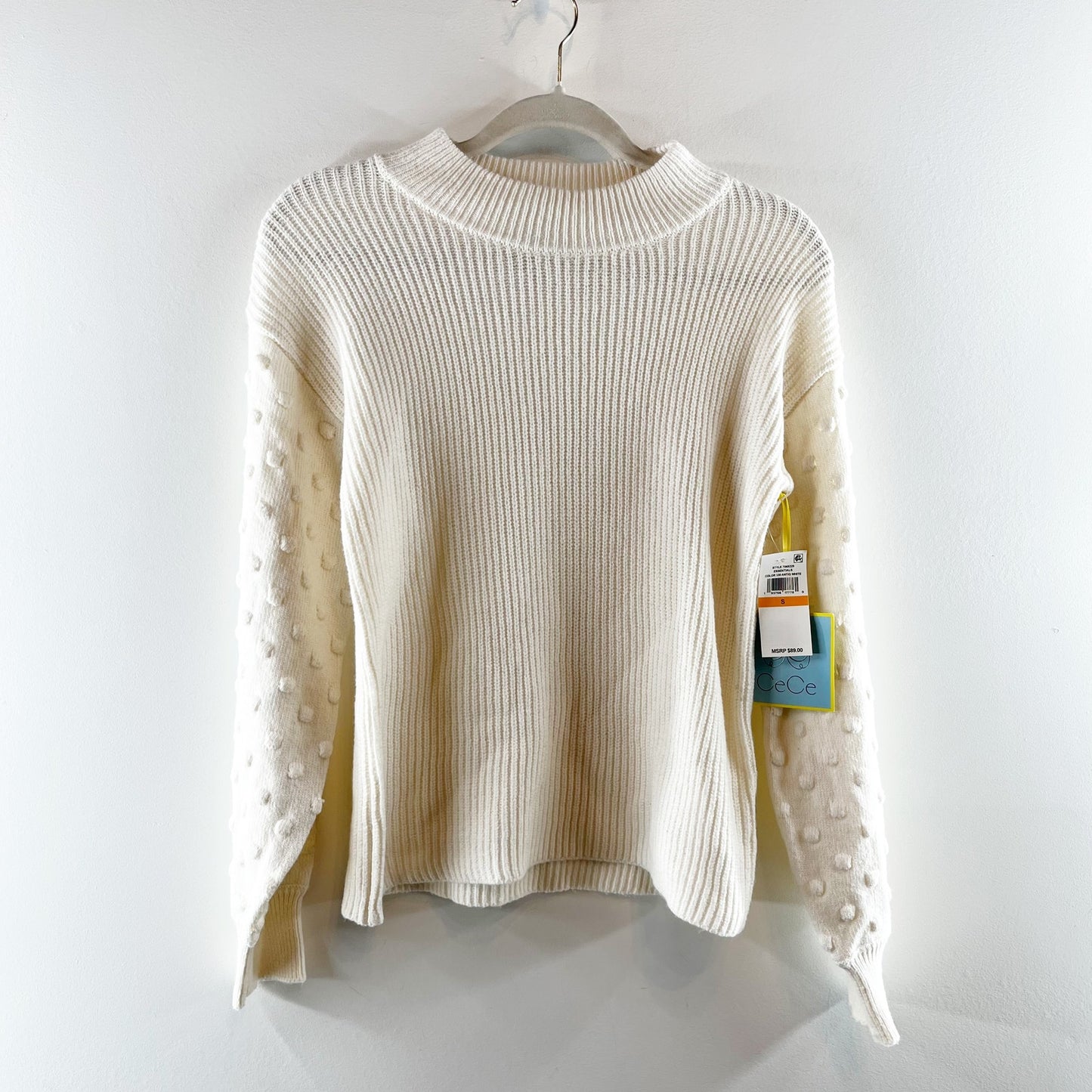 CeCe Puff Sleeve Bubble Ribbed Sweater in Antique White Small