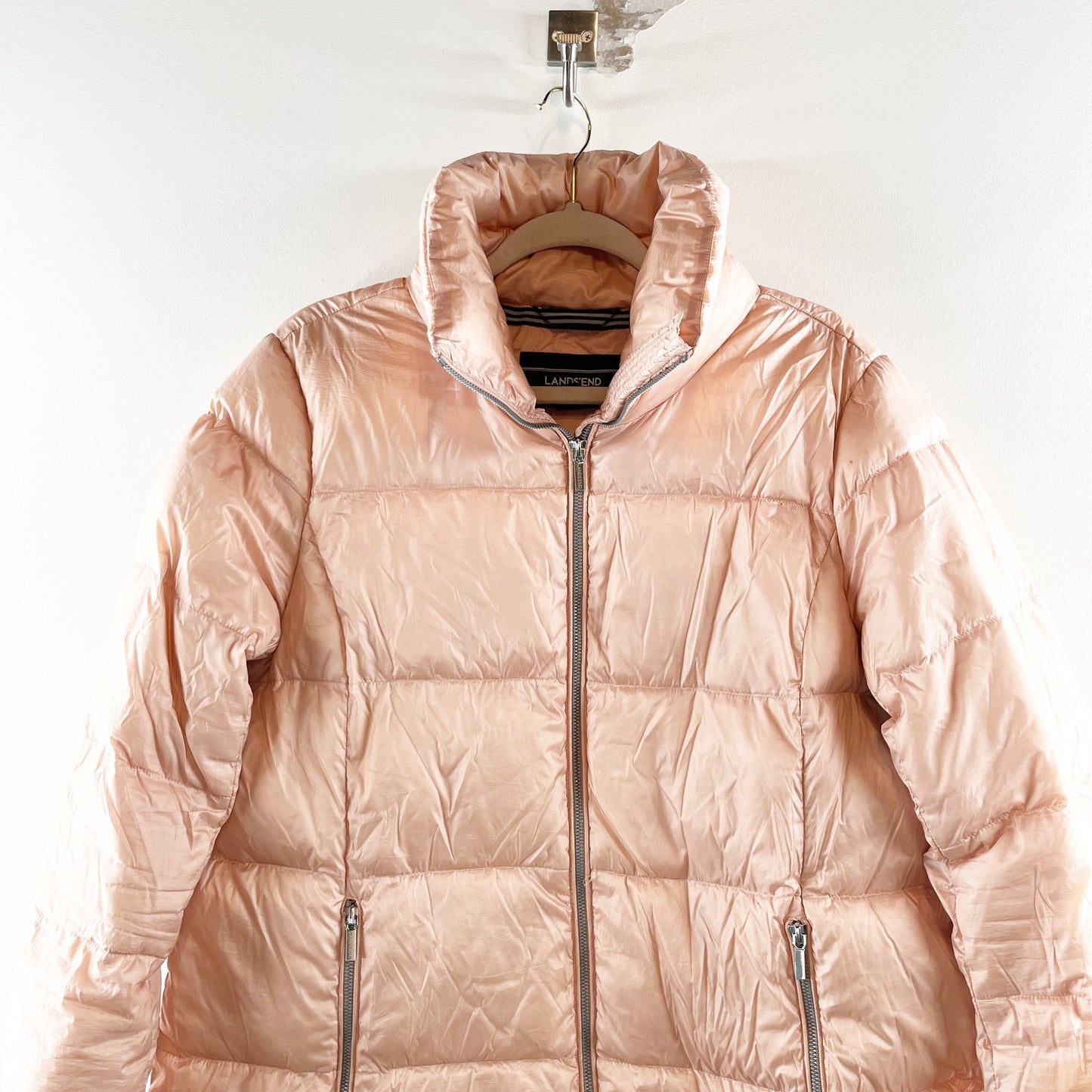 Lands' End Sheen Quilted Mid Length Big Puffer 90% Down Jacket Pink Large