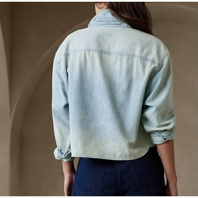 Banana Republic The Long Sleeve Cropped Boxy Fit Denim Chambray Button Up Shirt