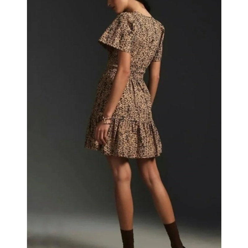 Anthropologie Somerset Short Sleeve Mini Dress in Leopard Print Brown Black M