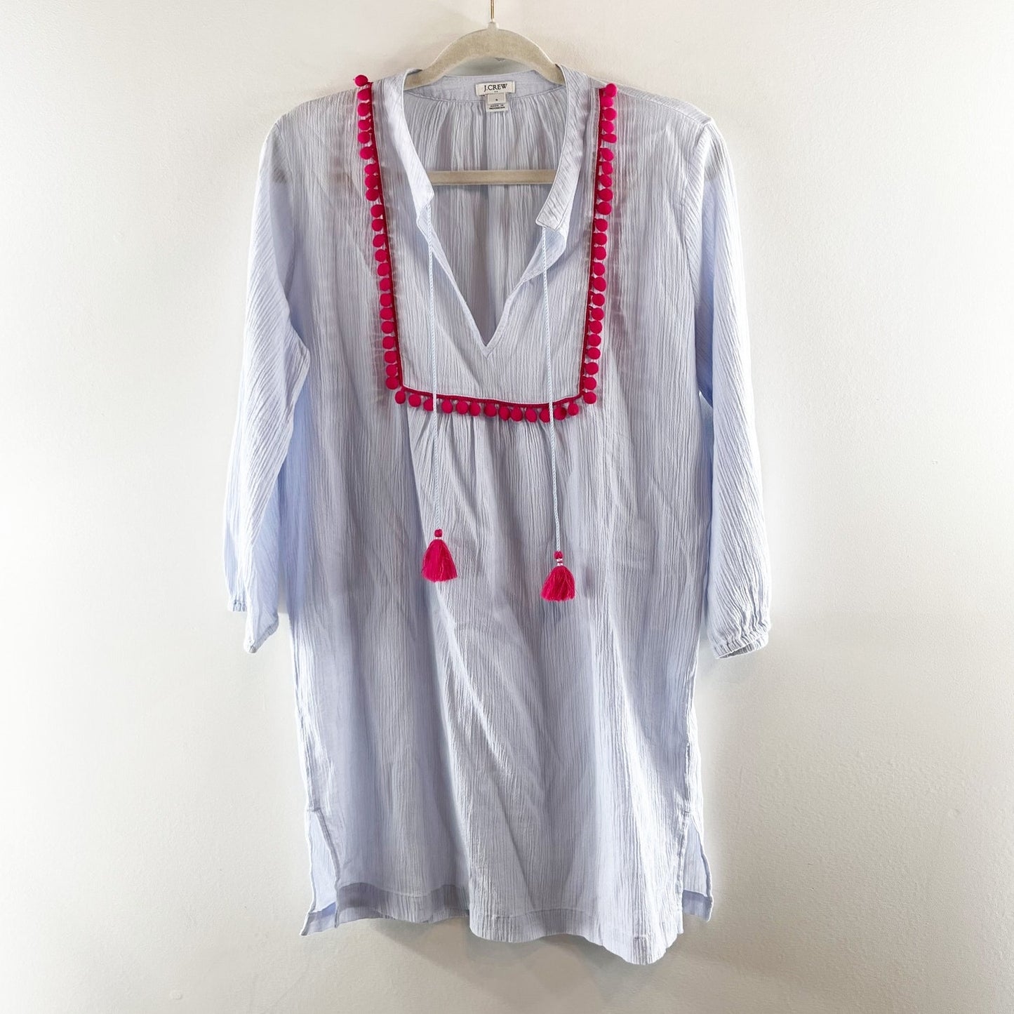 J. Crew Long Sleeve Pom Pom Tunic Cover Up Mini Dress Faded Peri Berry Blue S