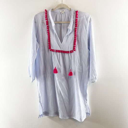 J. Crew Long Sleeve Pom Pom Tunic Cover Up Mini Dress Faded Peri Berry Blue S